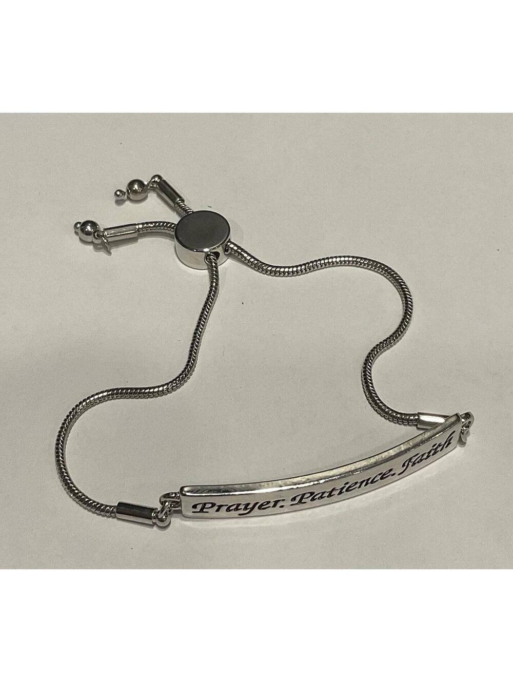 NWOT PRAYER. PATIENCE. FAITH silver Tone Bracelet Sliding Length #1067